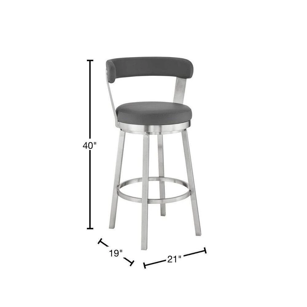 Kobe 30 in. Bar Height Low Back Swivel Bar Stool in Brushed Stainless Steel and Grey Faux Leather by Armen Living 5 Kobe 30 in. Bar Height Low Back Swivel Bar Stool in Brushed Stainless Steel and Grey Faux Leather by Armen Living - Image 3