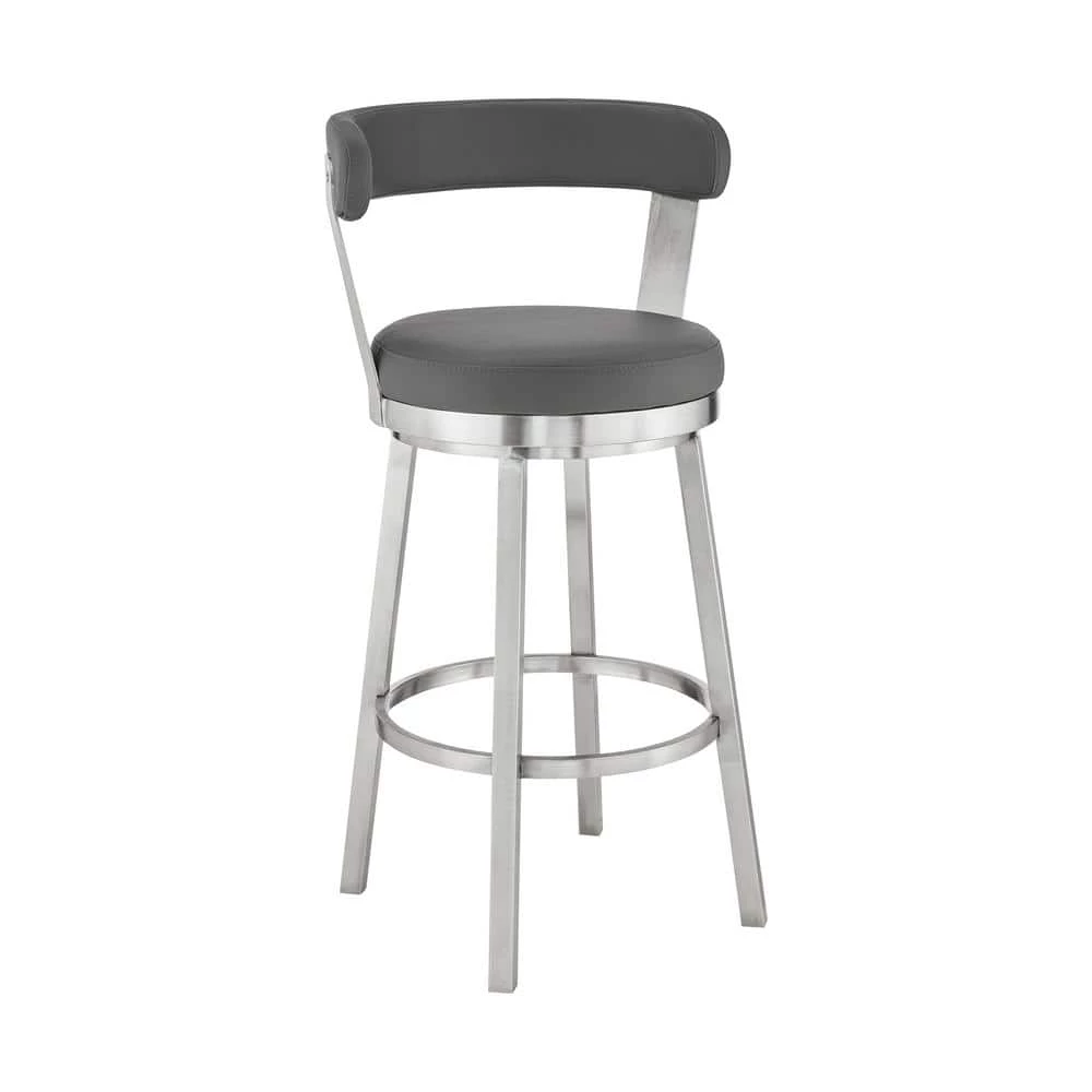 Kobe 30 in. Bar Height Low Back Swivel Bar Stool in Brushed Stainless Steel and Grey Faux Leather by Armen Living 3 Kobe 30 in. Bar Height Low Back Swivel Bar Stool in Brushed Stainless Steel and Grey Faux Leather by Armen Living