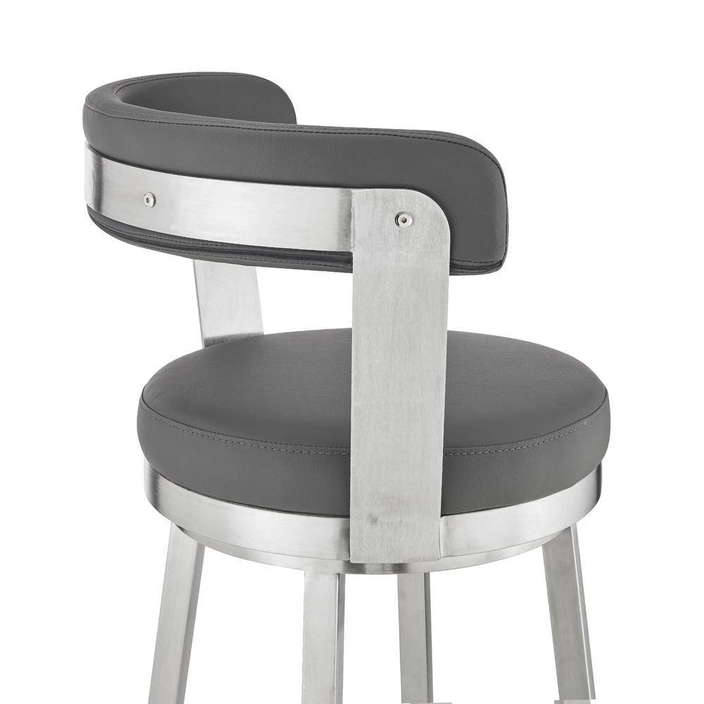 Kobe 30 in. Bar Height Low Back Swivel Bar Stool in Brushed Stainless Steel and Grey Faux Leather by Armen Living 10 Kobe 30 in. Bar Height Low Back Swivel Bar Stool in Brushed Stainless Steel and Grey Faux Leather by Armen Living - Image 8