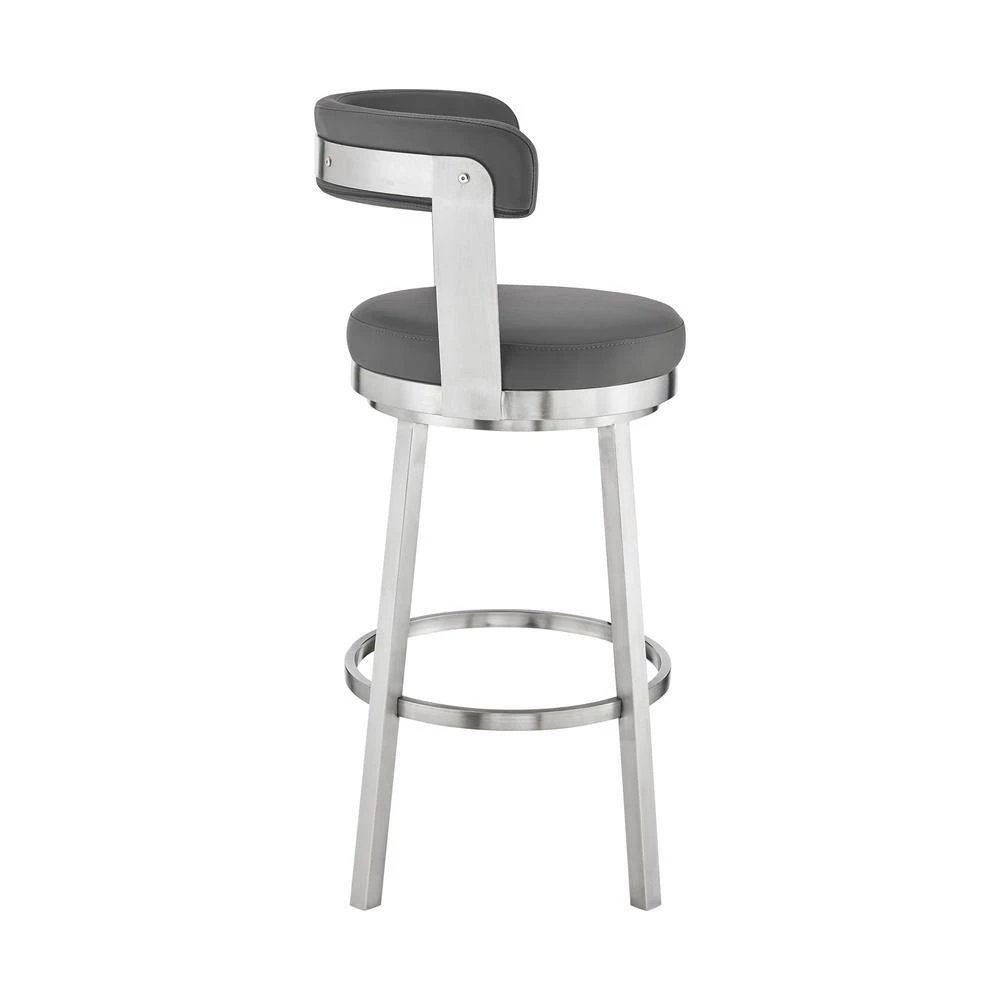 Kobe 30 in. Bar Height Low Back Swivel Bar Stool in Brushed Stainless Steel and Grey Faux Leather by Armen Living 4 Kobe 30 in. Bar Height Low Back Swivel Bar Stool in Brushed Stainless Steel and Grey Faux Leather by Armen Living - Image 2