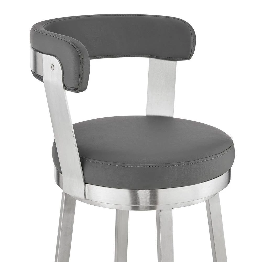 Kobe 30 in. Bar Height Low Back Swivel Bar Stool in Brushed Stainless Steel and Grey Faux Leather by Armen Living 9 Kobe 30 in. Bar Height Low Back Swivel Bar Stool in Brushed Stainless Steel and Grey Faux Leather by Armen Living - Image 7