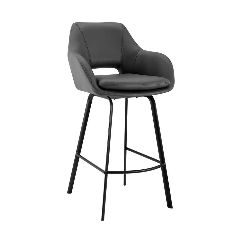 Aura 30 in. Swivel Barstool W/ Gray Faux Leather High Back and Black Metal Finish by Armen Living 3 Aura 30 in. Swivel Barstool W/ Gray Faux Leather High Back and Black Metal Finish by Armen Living