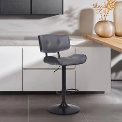 Brooklyn Adjustable 25-34 in. Height Low Back Swivel Grey Faux Leather/Black Wood Bar Stool Black Base 46 in Height by Armen Living -Armen Living Online Shop gray black armen living bar stools lcbrbablgr 31 1000
