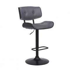 Brooklyn Adjustable 25-34 in. Height Low Back Swivel Grey Faux Leather/Black Wood Bar Stool Black Base 46 in Height by Armen Living