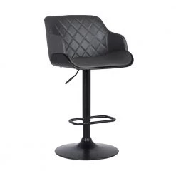 Toby Contemporary Adjustable Black Powder Coated with Grey Faux Leather and Black Brushed Wood Bar Stool by Armen Living