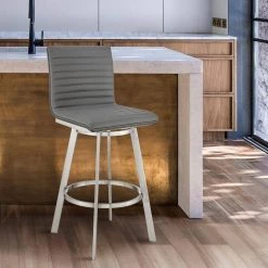 Jermaine 30 in. Bar Height High Back Swivel Bar Stool in Brushed Stainless Steel and Grey Faux Leather by Armen Living -Armen Living Online Shop gray black stainless steel armen living bar stools 721535762033 31 1000