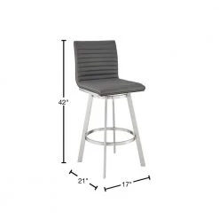 Jermaine 30 in. Bar Height High Back Swivel Bar Stool in Brushed Stainless Steel and Grey Faux Leather by Armen Living -Armen Living Online Shop gray black stainless steel armen living bar stools 721535762033 40 1000