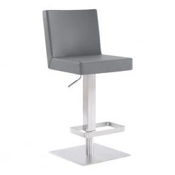 Cleaon Contemporary Adjustable 35-43.5 in. Swivel Bar Stool in Brushed Stainless Steel and Grey Faux Leather by Armen Living