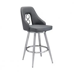 Perrin Contemporary 26 in. Counter Height in Brushed Stainless Steel Finish and Grey Faux Leather Bar Stool by Armen Living