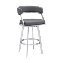 Romilly Contemporary 30 in. Bar Height in Brushed Stainless Steel Finish and Grey Faux Leather Bar Stool by Armen Living