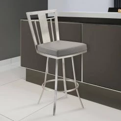 Cleo 26 in. Gray Faux Leather and Brushed Stainless Steel Finish Swivel Bar Stool by Armen Living -Armen Living Online Shop gray brushed stainless steel armen living bar stools lccl26swbagrb201 31 1000