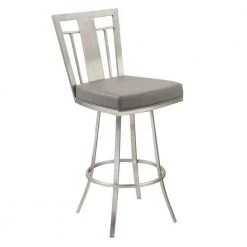Cleo 26 in. Gray Faux Leather and Brushed Stainless Steel Finish Swivel Bar Stool by Armen Living