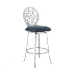Lotus Contemporary 30 in. Bar Height Bar Stool in Brushed Stainless Steel and Grey Faux Leather by Armen Living