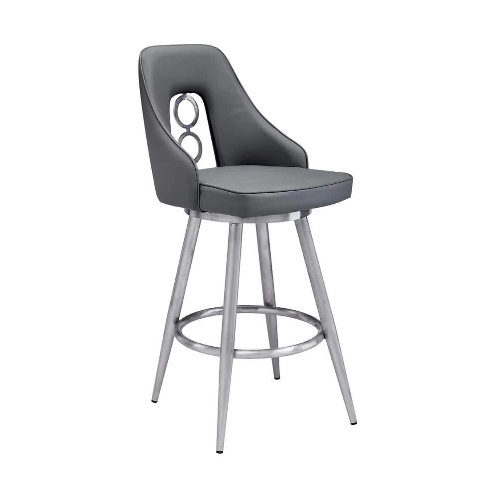 Ruby Contemporary 26 in. Counter Height Bar Stool in Brushed Stainless Steel and Grey Faux Leather by Armen Living 3 Ruby Contemporary 26 in. Counter Height Bar Stool in Brushed Stainless Steel and Grey Faux Leather by Armen Living