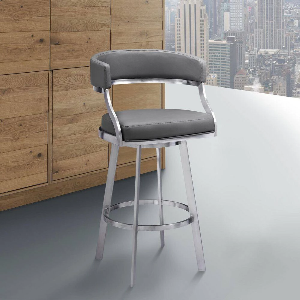 Saturn Contemporary 26 in. Counter Height Bar Stool in Brushed Stainless Steel and Grey Faux Leather by Armen Living 11 Saturn Contemporary 26 in. Counter Height Bar Stool in Brushed Stainless Steel and Grey Faux Leather by Armen Living - Image 9