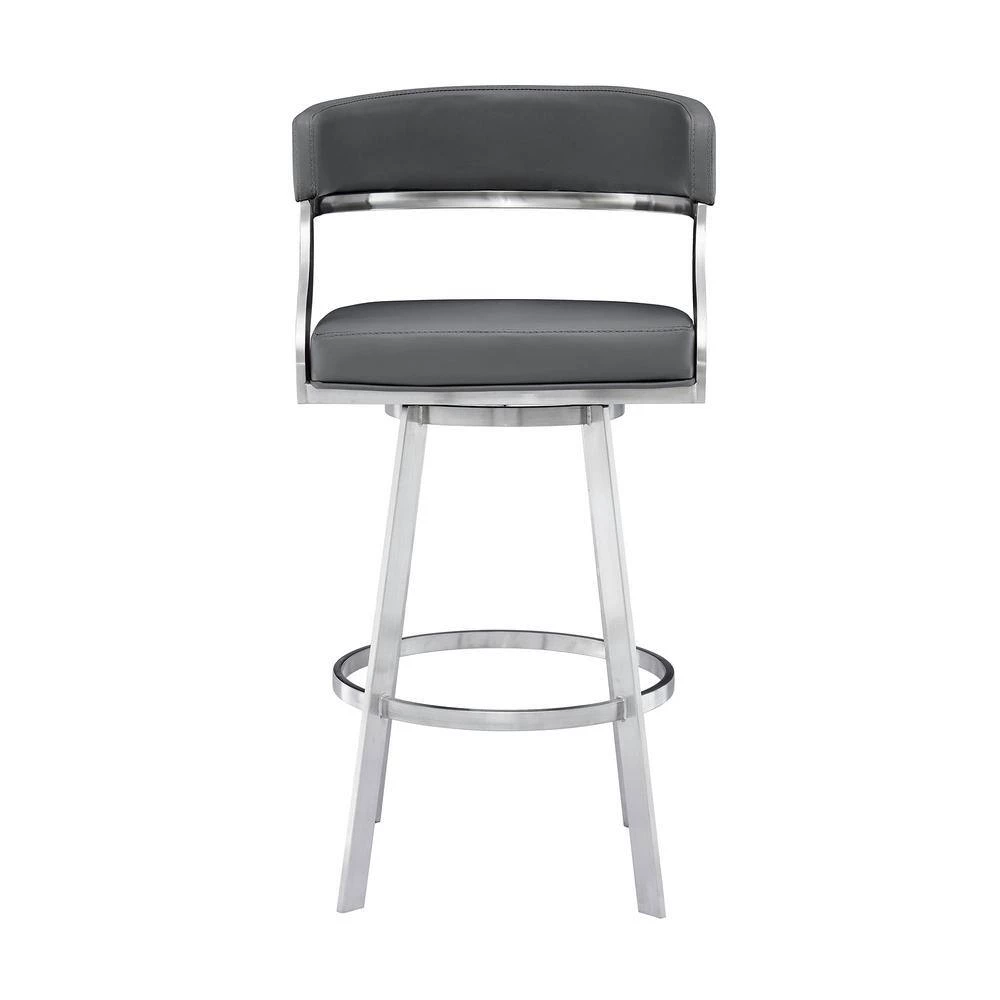 Saturn Contemporary 26 in. Counter Height Bar Stool in Brushed Stainless Steel and Grey Faux Leather by Armen Living 4 Saturn Contemporary 26 in. Counter Height Bar Stool in Brushed Stainless Steel and Grey Faux Leather by Armen Living - Image 2