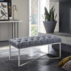 Noel Slate Grey Linen and Brushed Stainless Steel Contemporary Bench by Armen Living -Armen Living Online Shop gray brushed stainless steel armen living bedroom benches lcnlbelisl 31 1000