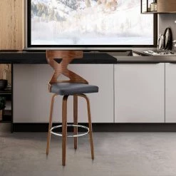 Gayle 44 in. Bar Height Swivel High Back Grey Faux Leather and Walnut Wood Bar Stool by Armen Living -Armen Living Online Shop gray walnut armen living bar stools lcggbawagr30 31 1000