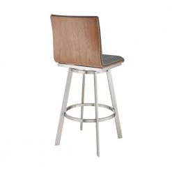 Jermaine 26 in. Counter Height High Back Swivel Bar Stool in Brushed Stainless Steel and Grey Faux Leather by Armen Living -Armen Living Online Shop gray walnut stainless steel armen living bar stools 721535762040 1f 1000