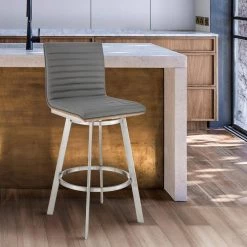 Jermaine 26 in. Counter Height High Back Swivel Bar Stool in Brushed Stainless Steel and Grey Faux Leather by Armen Living -Armen Living Online Shop gray walnut stainless steel armen living bar stools 721535762040 31 1000
