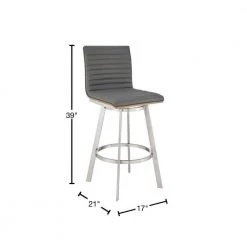 Jermaine 26 in. Counter Height High Back Swivel Bar Stool in Brushed Stainless Steel and Grey Faux Leather by Armen Living -Armen Living Online Shop gray walnut stainless steel armen living bar stools 721535762040 40 1000