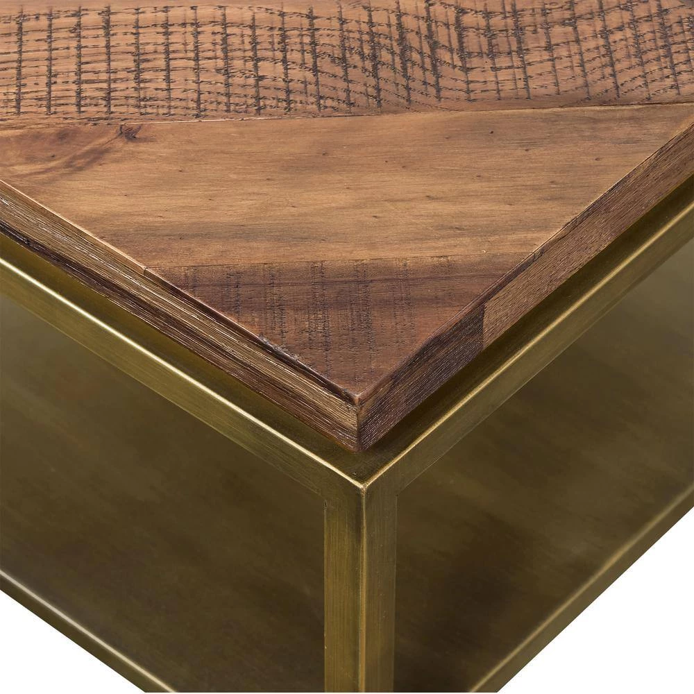 Faye 46 in. Rustic/Brass Large Rectangle Wood Coffee Table with Shelf and Metal Base by Armen Living 8 Faye 46 in. Rustic/Brass Large Rectangle Wood Coffee Table with Shelf and Metal Base by Armen Living - Image 6