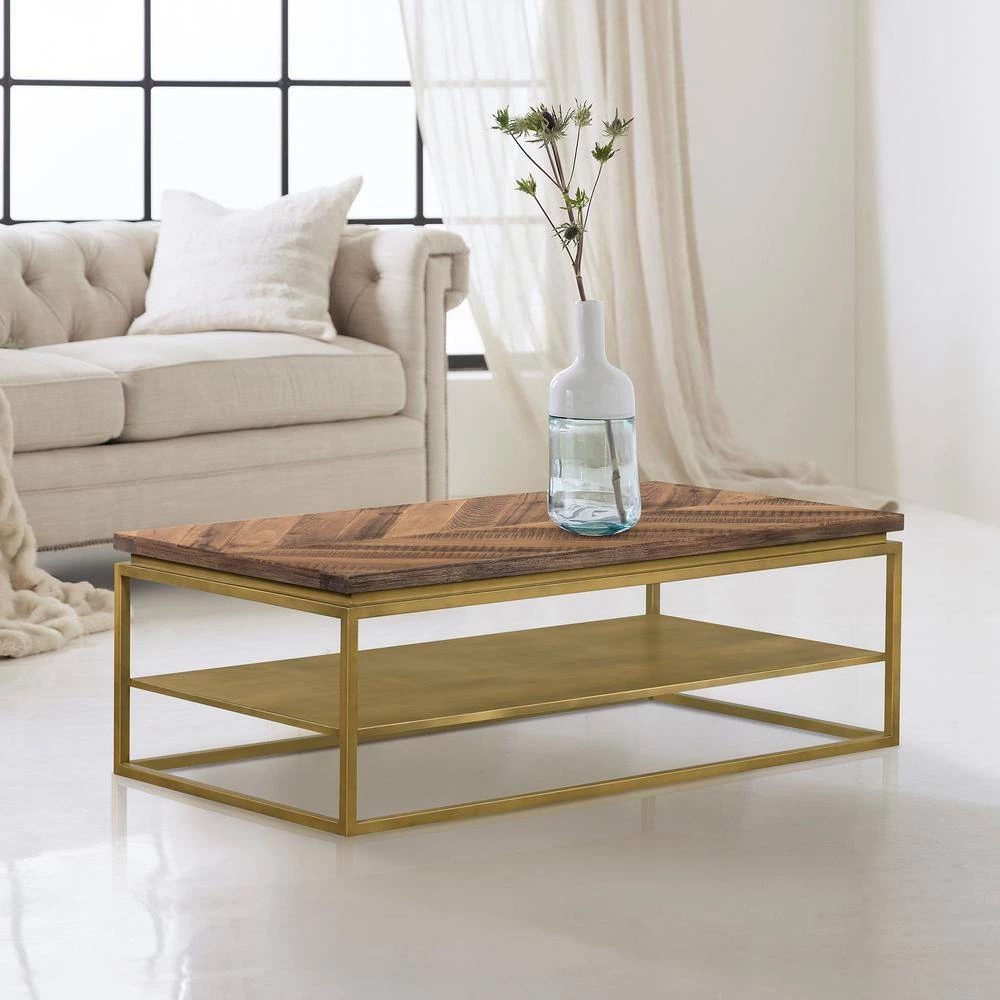Faye 46 in. Rustic/Brass Large Rectangle Wood Coffee Table with Shelf and Metal Base by Armen Living 12 Faye 46 in. Rustic/Brass Large Rectangle Wood Coffee Table with Shelf and Metal Base by Armen Living - Image 10