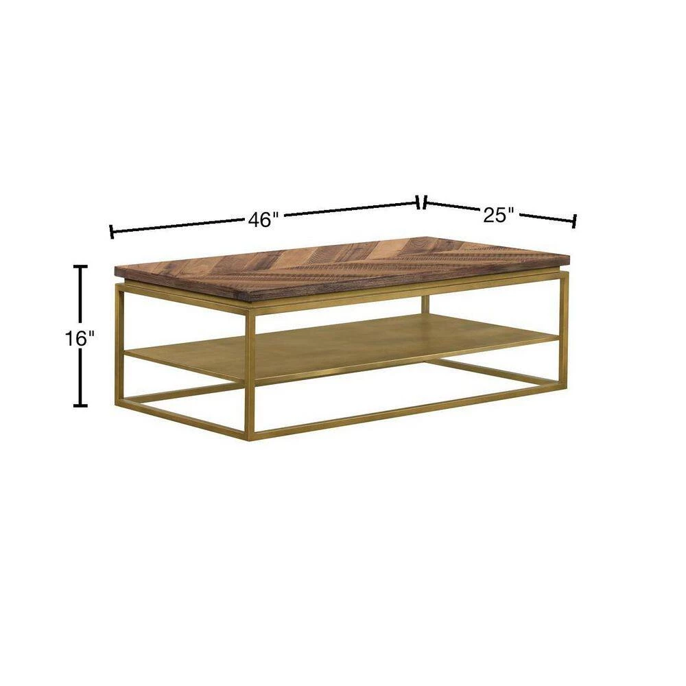 Faye 46 in. Rustic/Brass Large Rectangle Wood Coffee Table with Shelf and Metal Base by Armen Living 5 Faye 46 in. Rustic/Brass Large Rectangle Wood Coffee Table with Shelf and Metal Base by Armen Living - Image 3