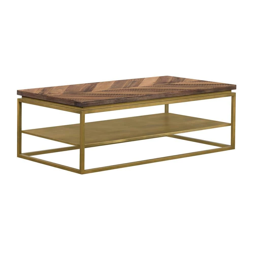 Faye 46 in. Rustic/Brass Large Rectangle Wood Coffee Table with Shelf and Metal Base by Armen Living 3 Faye 46 in. Rustic/Brass Large Rectangle Wood Coffee Table with Shelf and Metal Base by Armen Living
