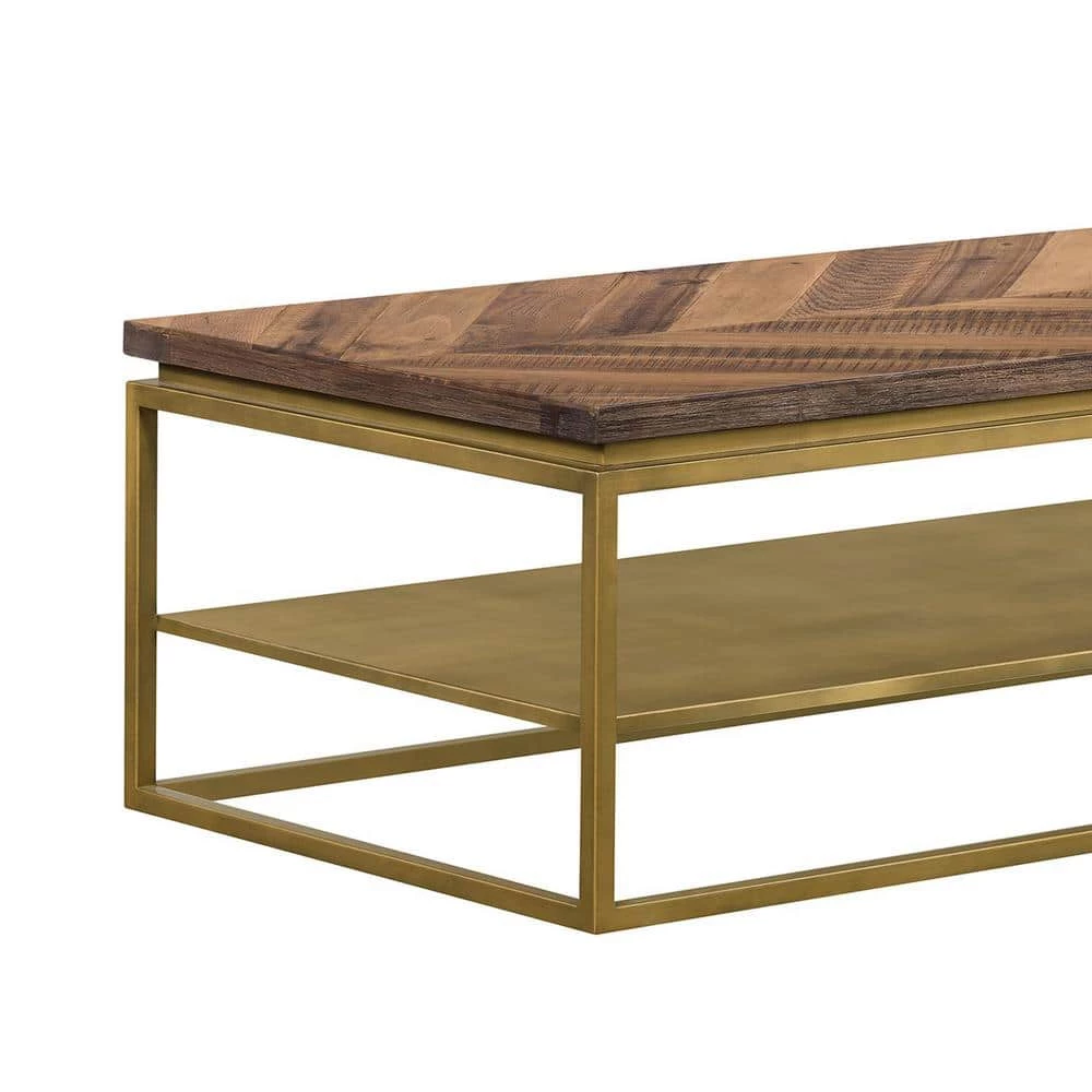 Faye 46 in. Rustic/Brass Large Rectangle Wood Coffee Table with Shelf and Metal Base by Armen Living 4 Faye 46 in. Rustic/Brass Large Rectangle Wood Coffee Table with Shelf and Metal Base by Armen Living - Image 2