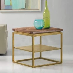 Faye Rustic Brown Wood 19 in. H Side table with Shelf and Antique Brass Base by Armen Living -Armen Living Online Shop rustic mixed oak acacia pine brass antique base armen living end side tables lctrlaru 31 1000