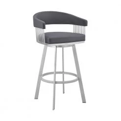 Bronson 34 in. Slate Grey Low Back Silver Metal 25 in. Swivel Bar Stool with Faux Leather Seat by Armen Living