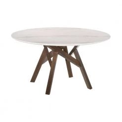 Venus 54 in. White Marble Mid-Century Modern Round Dining Table with Walnut Wood Legs by Armen Living