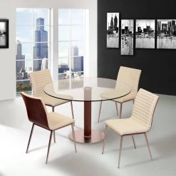 Haddy Brushed Stainless Steel Dining Chair in White Faux Leather with Walnut Back (Set of 2) by Armen Living -Armen Living Online Shop walnut armen living dining chairs 721535687176 31 1000