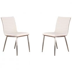 Haddy Brushed Stainless Steel Dining Chair in White Faux Leather with Walnut Back (Set of 2) by Armen Living