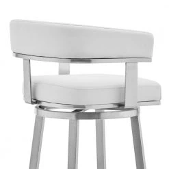 Cohen 26 in. Low Back White Faux Leather and Brushed Stainless Steel Swivel Bar Stool by Armen Living -Armen Living Online Shop white armen living bar stools 721535762187 1f 1000