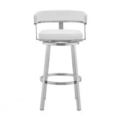 Cohen 26 in. Low Back White Faux Leather and Brushed Stainless Steel Swivel Bar Stool by Armen Living
