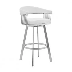 Bronson 30 in. Low Back White Faux Leather and Brushed Stainless Steel Swivel Bar Stool by Armen Living