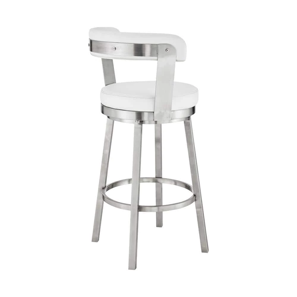 Bryant 26 in. Height White Faux Leather and Brushed Stainless Steel Frame Low Back Swivel Bar Stool by Armen Living 7 Bryant 26 in. Height White Faux Leather and Brushed Stainless Steel Frame Low Back Swivel Bar Stool by Armen Living - Image 5