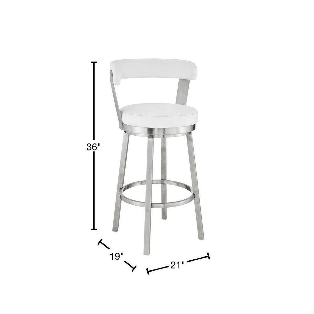 Bryant 26 in. Height White Faux Leather and Brushed Stainless Steel Frame Low Back Swivel Bar Stool by Armen Living 5 Bryant 26 in. Height White Faux Leather and Brushed Stainless Steel Frame Low Back Swivel Bar Stool by Armen Living - Image 3