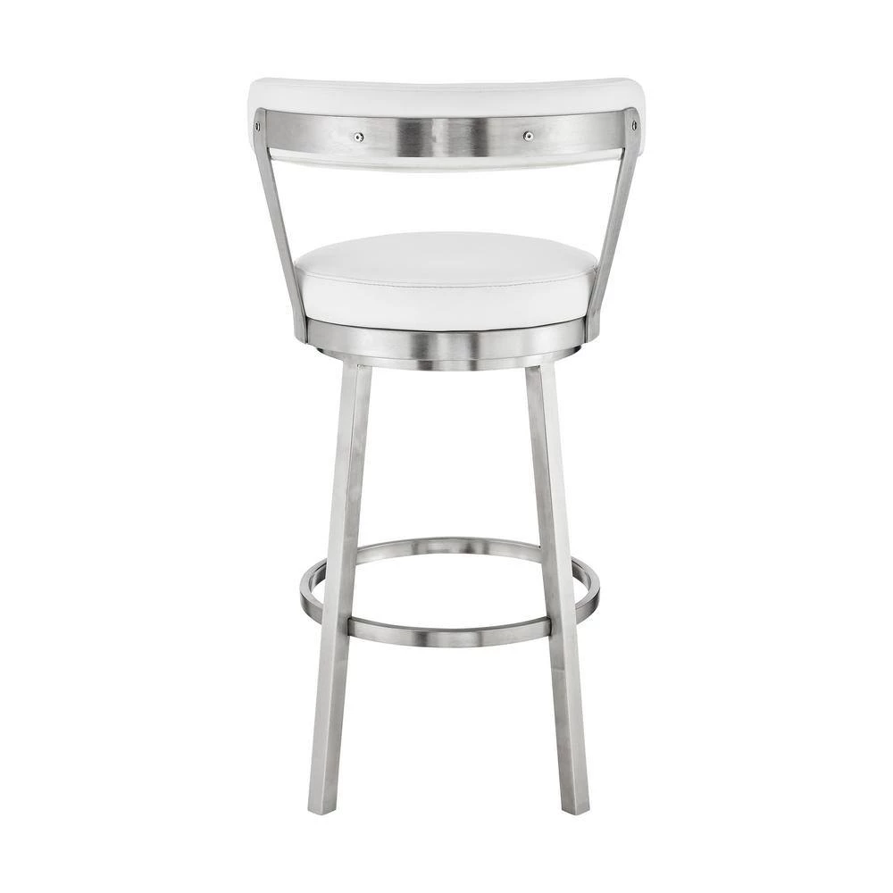 Bryant 26 in. Height White Faux Leather and Brushed Stainless Steel Frame Low Back Swivel Bar Stool by Armen Living 8 Bryant 26 in. Height White Faux Leather and Brushed Stainless Steel Frame Low Back Swivel Bar Stool by Armen Living - Image 6
