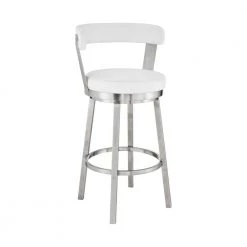 Bryant 26 in. Height White Faux Leather and Brushed Stainless Steel Frame Low Back Swivel Bar Stool by Armen Living