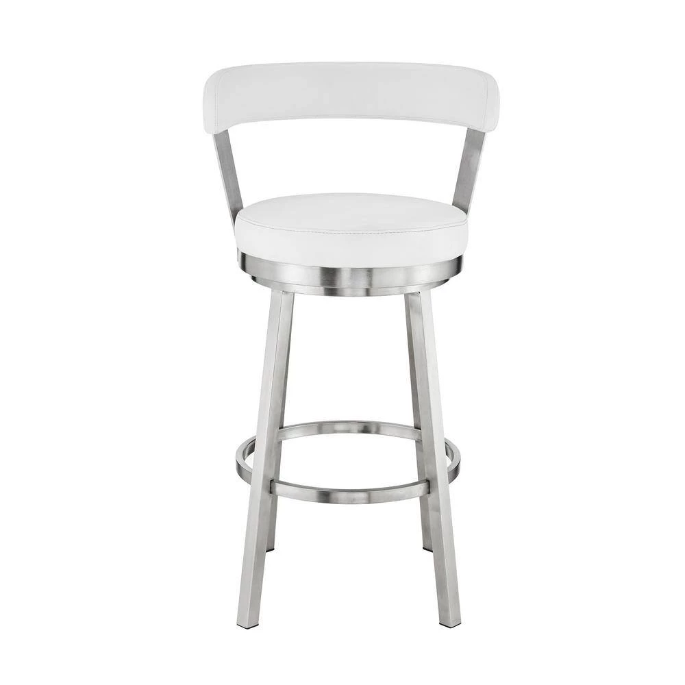 Bryant 26 in. Height White Faux Leather and Brushed Stainless Steel Frame Low Back Swivel Bar Stool by Armen Living 6 Bryant 26 in. Height White Faux Leather and Brushed Stainless Steel Frame Low Back Swivel Bar Stool by Armen Living - Image 4
