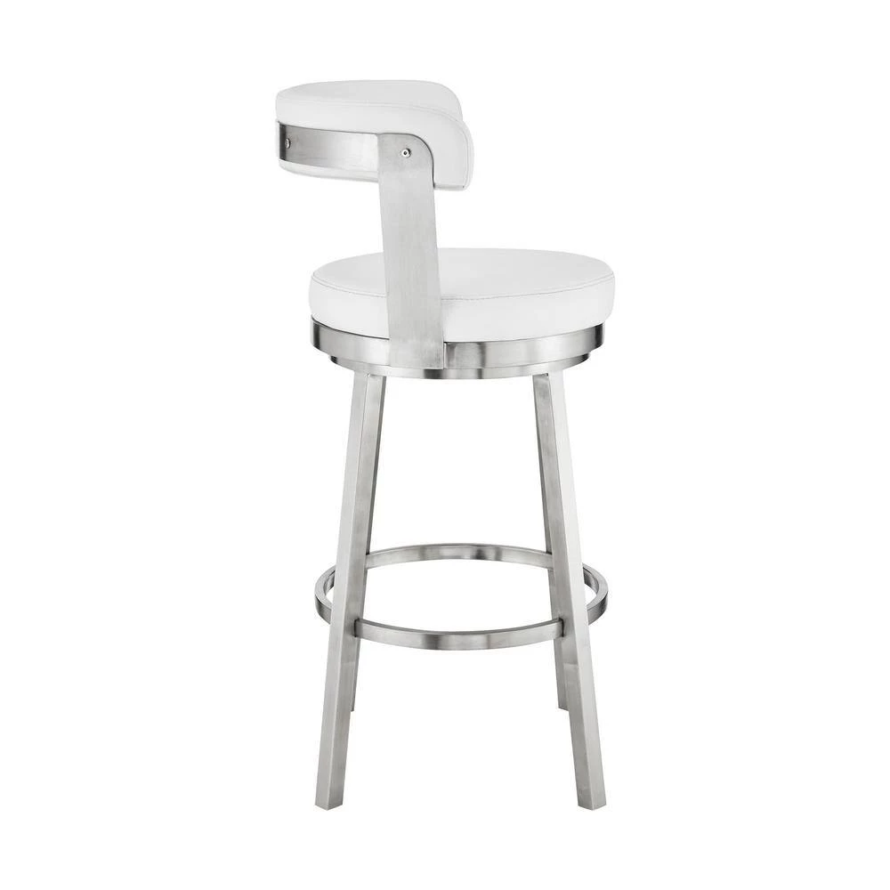 Bryant 26 in. Height White Faux Leather and Brushed Stainless Steel Frame Low Back Swivel Bar Stool by Armen Living 4 Bryant 26 in. Height White Faux Leather and Brushed Stainless Steel Frame Low Back Swivel Bar Stool by Armen Living - Image 2