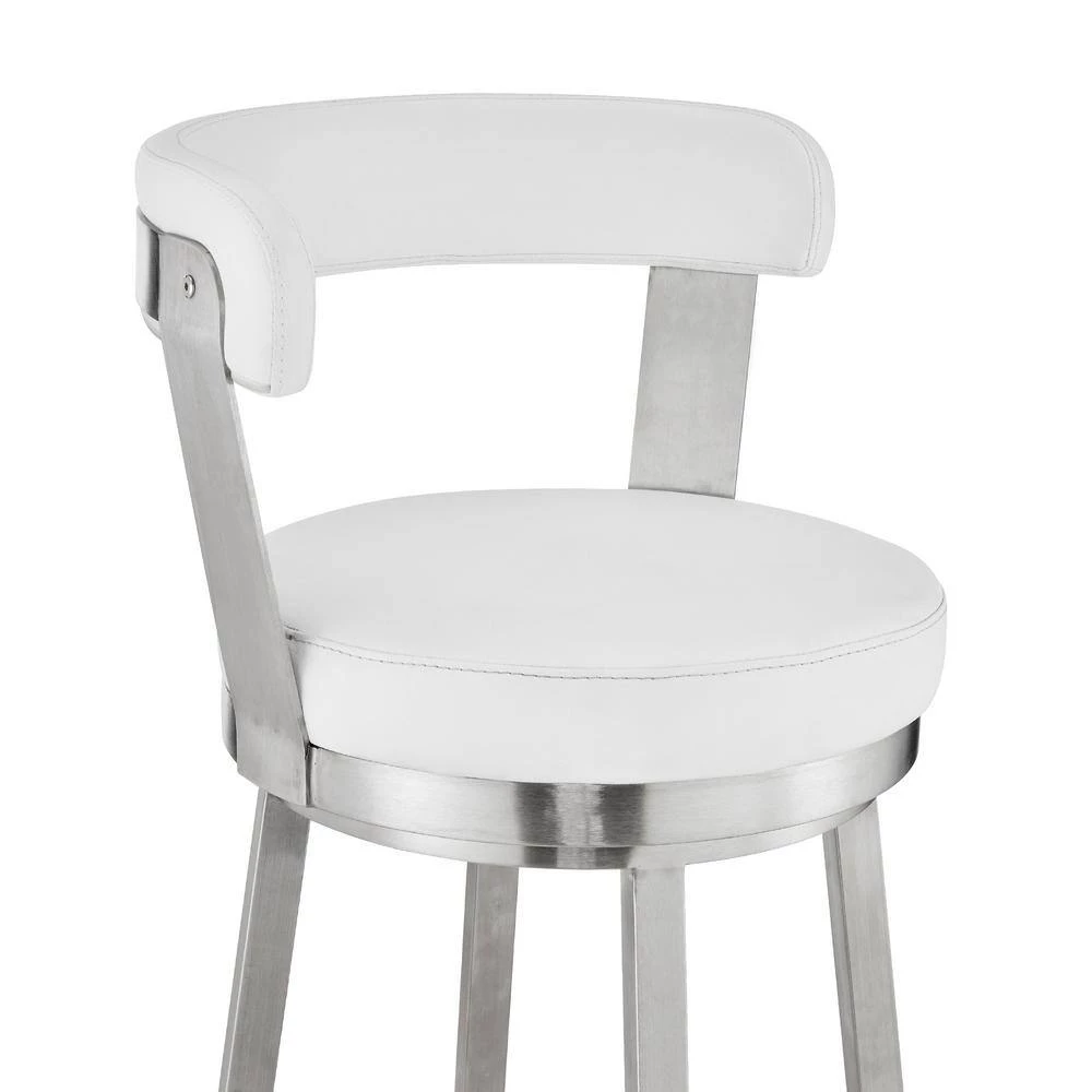Bryant 26 in. Height White Faux Leather and Brushed Stainless Steel Frame Low Back Swivel Bar Stool by Armen Living 9 Bryant 26 in. Height White Faux Leather and Brushed Stainless Steel Frame Low Back Swivel Bar Stool by Armen Living - Image 7