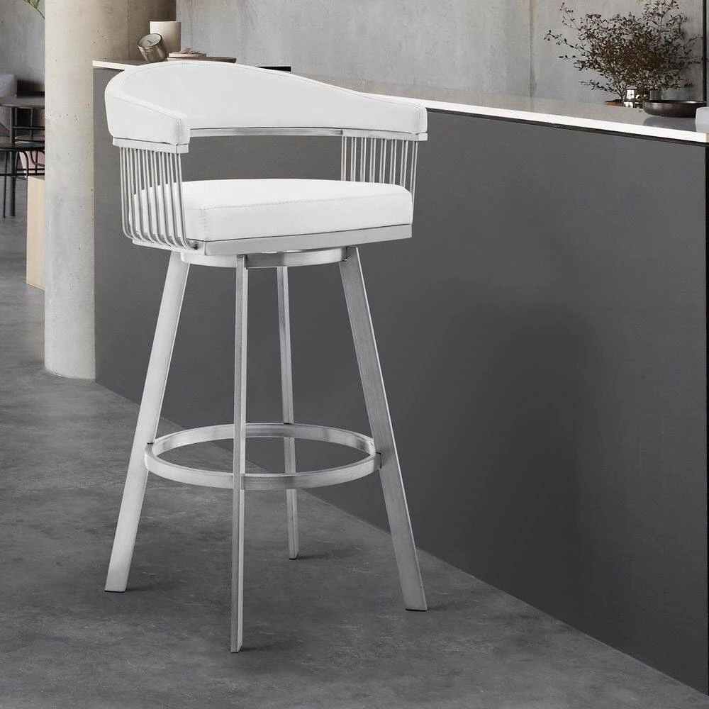 Chelsea 38 in. White Standard Back Stainless Steel 30 in. Bar Stool with Faux Leather Seat by Armen Living 11 Chelsea 38 in. White Standard Back Stainless Steel 30 in. Bar Stool with Faux Leather Seat by Armen Living - Image 9