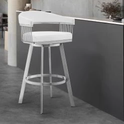 Chelsea 38 in. White Standard Back Stainless Steel 30 in. Bar Stool with Faux Leather Seat by Armen Living 18 Chelsea 38 in. White Standard Back Stainless Steel 30 in. Bar Stool with Faux Leather Seat by Armen Living -Armen Living Online Shop white armen living bar stools lccsbabswh30 fa 1000
