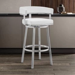 Lorin 34 in. White Lower Back Brushed Stainless Steel 26 in. Bar Stool with Faux Leather Seat by Armen Living -Armen Living Online Shop white armen living bar stools lclrbabswh26 31 1000