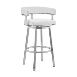 Lorin 34 in. White Lower Back Brushed Stainless Steel 26 in. Bar Stool with Faux Leather Seat by Armen Living