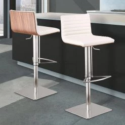 Haddy Adjustable Brushed Stainless Steel Bar Stool in White Faux Leather with Walnut Back by Armen Living 15 Haddy Adjustable Brushed Stainless Steel Bar Stool in White Faux Leather with Walnut Back by Armen Living -Armen Living Online Shop white brushed stainless steel armen living bar stools 721535687183 31 1000